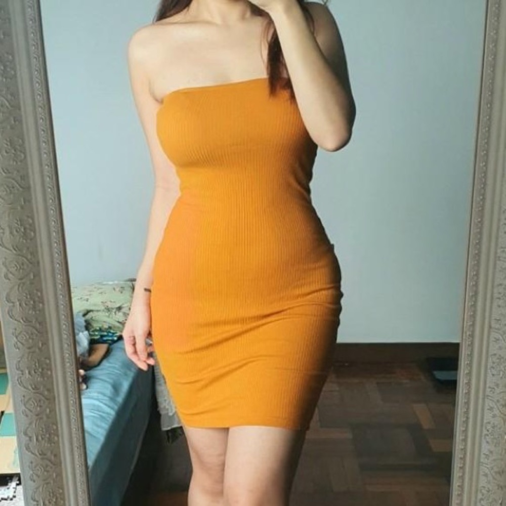 Mustard strapless bodycon dress